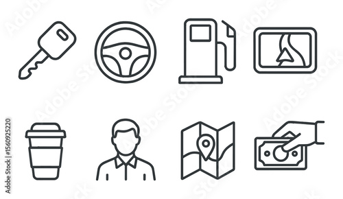 Transportation and travel set. auto, fuel, navigation, money, drink, person silhouette vector icons