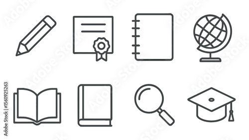 Education icon set. school, college, study, book, globe, graduation silhouette vector icons.