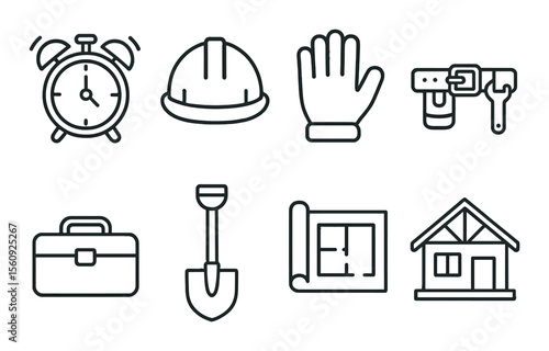 Construction tools set. linear diy icons. hardhat, gloves, shovel, blueprint, house vector icons.