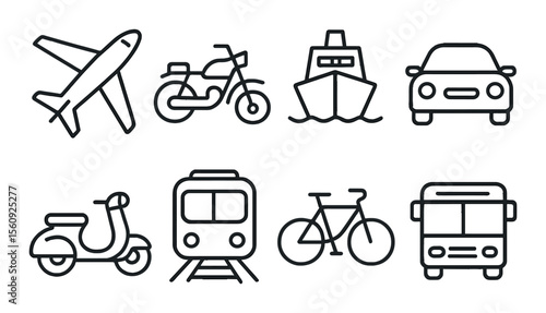 Transport vehicle set. linear transportation: airplane, bike, car, bus, ship vector icons.