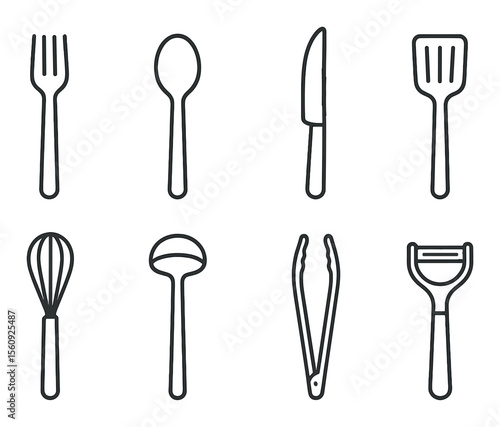 Kitchen utensil set. cooking tools linear icons. fork, spoon, knife, whisk, ladle, tongs vector icons