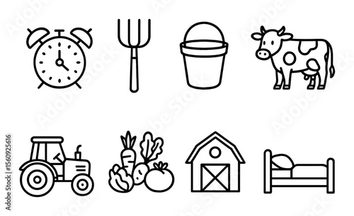 Farm equipment set: linear icons of tractor, barn, cow, clock, bucket, vegetables