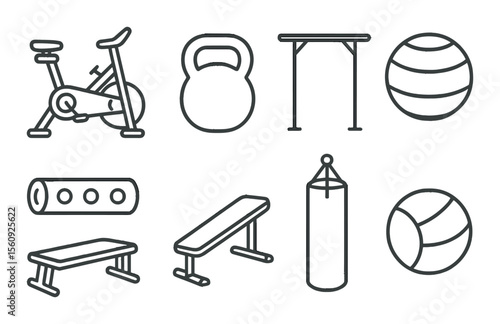 Gym equipment set. fitness gear silhouette bike, kettlebell, bar, ball, bench vector icons.