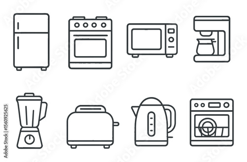 Home appliance set. kitchen linear icons. fridge, oven, microwave, blender, kettle vector icons.