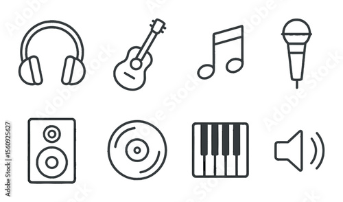 Music instrument set. audio silhouette headphones, guitar, microphone, speaker vector icons.