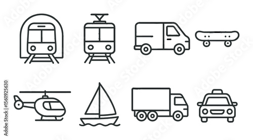 Transportation icon set. vehicles, linear style. train, tram, van, helicopter, boat vector icons.
