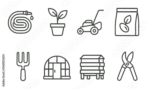 Gardening tool set. garden equipment linear hose, plant, mower, seed, vector icons.