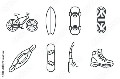 Adventure gear set. outdoor activities silhouette bike, surfboard, skateboard, kayak vector icons.