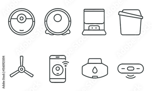 Smart home device set. linear smart, robot, cleaner, vacuum, bin, sensor, vector icons.