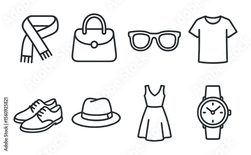 Fashion accessories set. stylish linear clothing icons. scarf, bag, hat, watch vector icons.