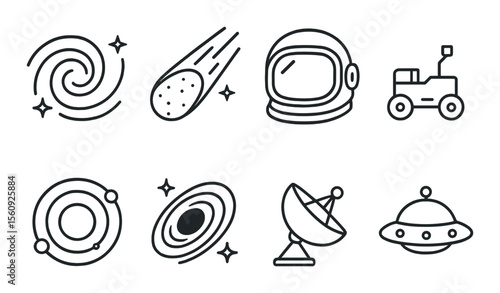 Space exploration icon set. cosmic linear style icons: galaxy, comet, helmet, rover vector icons.
