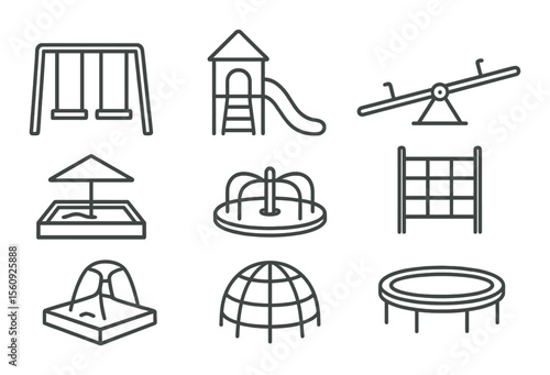 Playground equipment set. linear style swings, slide, seesaw, sandbox, trampoline vector icons.