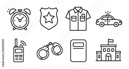 Police set. law enforcement linear icons. badge, uniform, car, handcuffs vector icons.