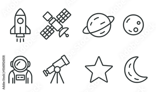 Space exploration icon set: rocket, satellite, moon, planet, astronaut, telescope block icons