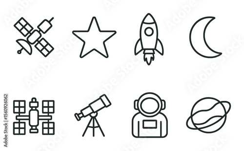 Space object set. astronomical equipment linear style. telescope, rocket, moon, planet vector icons.