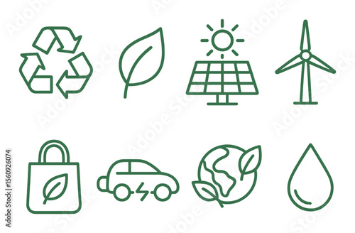 Eco-friendly icon set. green energy linear icons: recycle, solar, wind, electric car vector icons.