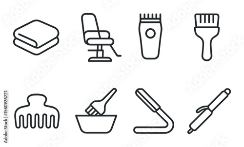 Salon tools set. hair and beauty accessories flat style. towel, chair, clippers, brush vector icons.
