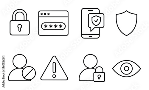 Security and privacy set: linear icons for lock, password, shield, alert, user, eye vector icons