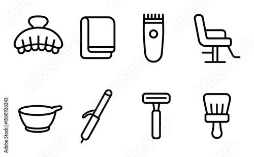 Barbershop tool set. haircut linear icons. comb, towel, clipper, chair, razor vector icons.