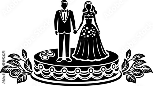 Bride and groom figurines standing on wedding cake with flowers  
