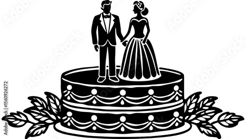 The bride and groom figures look at each other and stand on the centerpiece of the wedding cake
