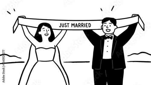Couple celebrating wedding and holding a "Just Married" sign outdoors  