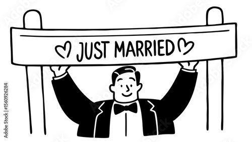 Groom holding a sign that says "Just Married" in black and white illustration  