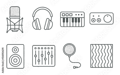 Audio equipment set. music production flat icons. microphone, headphones, keyboard, mixer vector icons.