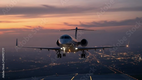 Private jet landing at sunset aerial city view