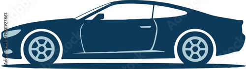 A dark blue coupe car silhouette on a light blue background in a minimalist style illustration art