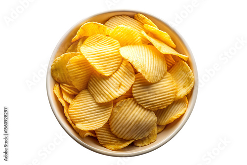 Bowl of ridged potato chips with studio lighting viewed from above isolated on a transparent background