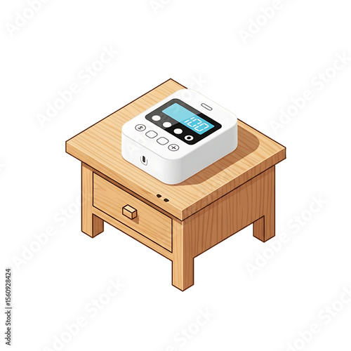 Medical tablet on bedside table.