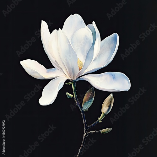White magnolia blossom, studio shot, black background. Possible use Greeting card