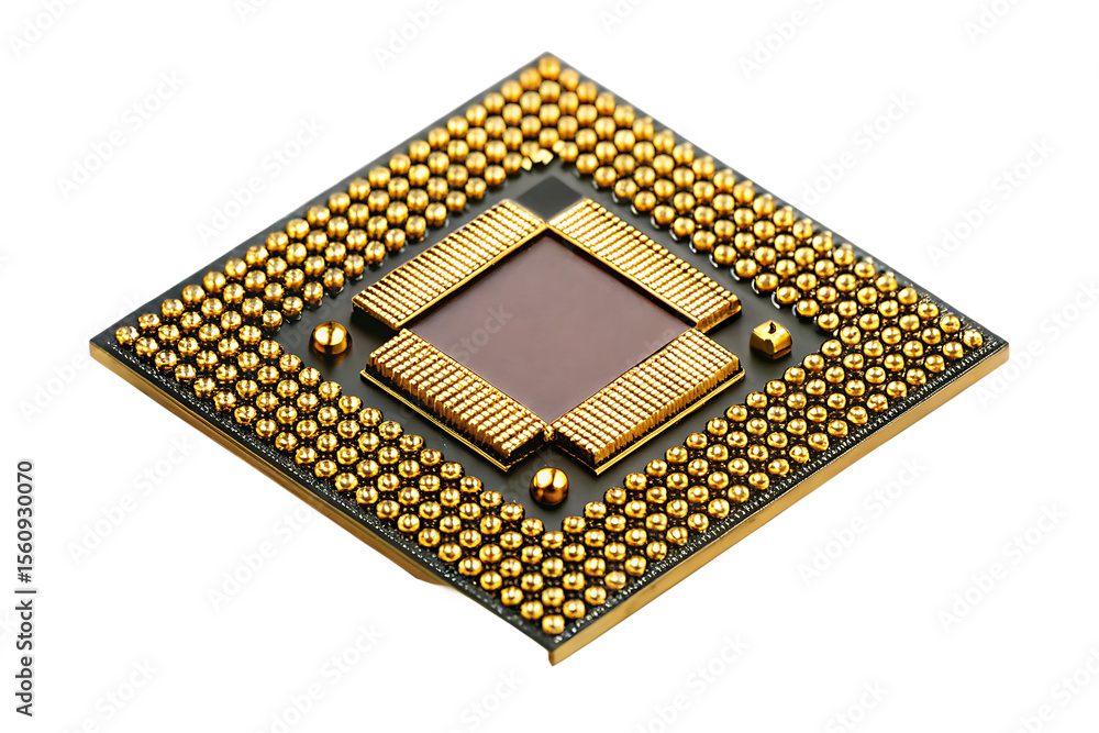 Close up macro view of a gold pin computer processor chip with a dark square center isolated on a transparent background Close up macro view of a gold pin computer processor chip with a dark square center isolated on a transparent background