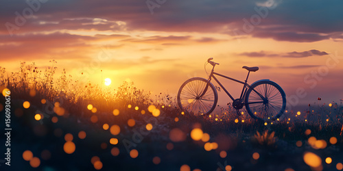 Bicycle Silhouette in Sunset Meadow with Dreamy Glowing Lights

