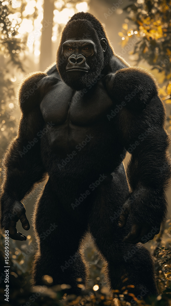 Majestic gorilla in the forest: powerful and wild primate in its natural habitat Majestic gorilla in the forest: powerful and wild primate in its natural habitat