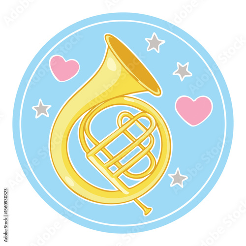 An illustration of a musical horn and hearts, perfect for a design. The horn is a brass instrument. 
