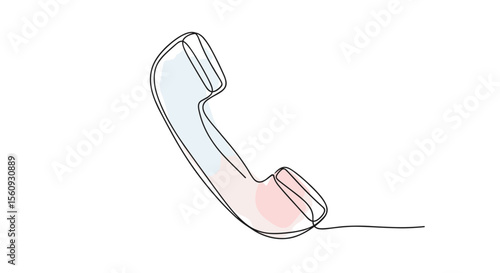 Vintage phone receiver - one line doodle drawing with watercolor fill, minimal vector on white