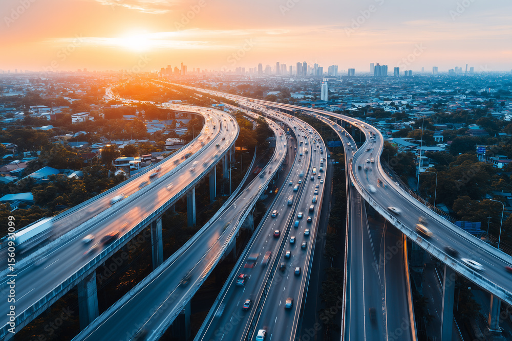 Fototapeta premium Scenic Aerial View of Busy Urban Highway Interchange During Sunset with Heavy Traffic Flow