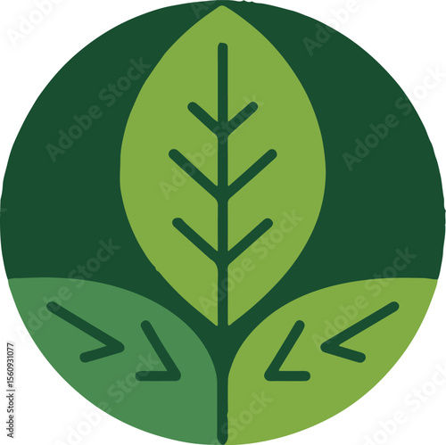 Three green leaves arranged in a circular pattern with a dark green circle behind them on a light background