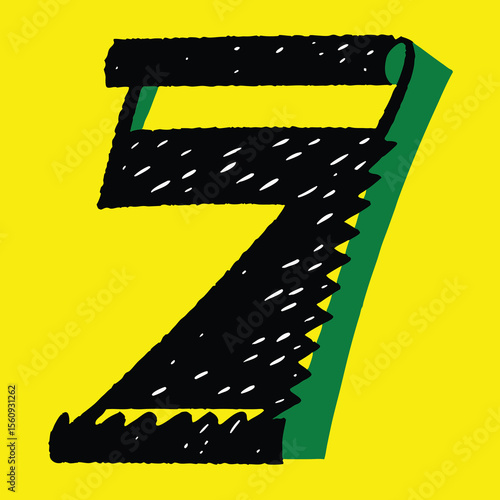 Artistic number seven illustration featuring hand drawn textures with green and yellow coloring