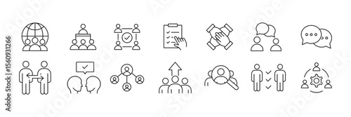 Set of Partnership line icon collection. Business, agreement, cooperation, conversation, teamwork, work group symbol.