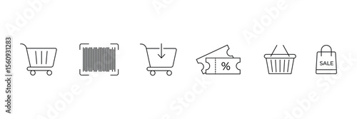 Set of online shopping related line icon collection. Discount, buy, shopping cart, ticket symbol.