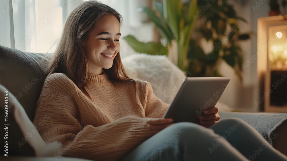 Naklejka premium smiling girl sitting cross-legged on a couch watching an online class on a tablet