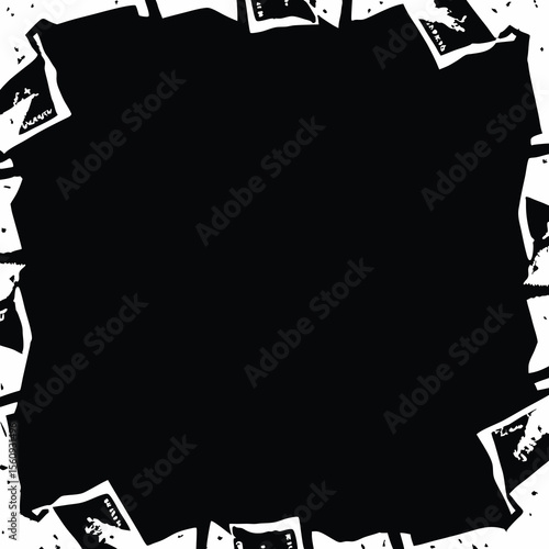 Black and white abstract frame with torn paper fragments bordering negative space