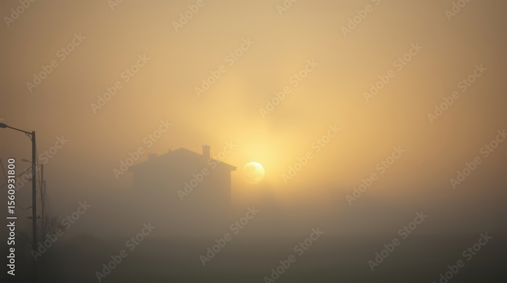 Obraz premium Misty Morning Silhouette: A serene early morning scene unveils a house shrouded in a thick fog, where the rising sun bathes the landscape in a soft, golden glow.