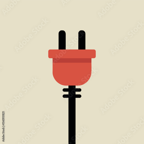 Illustration of a red electrical plug with black prongs and cord on a beige background in flat style