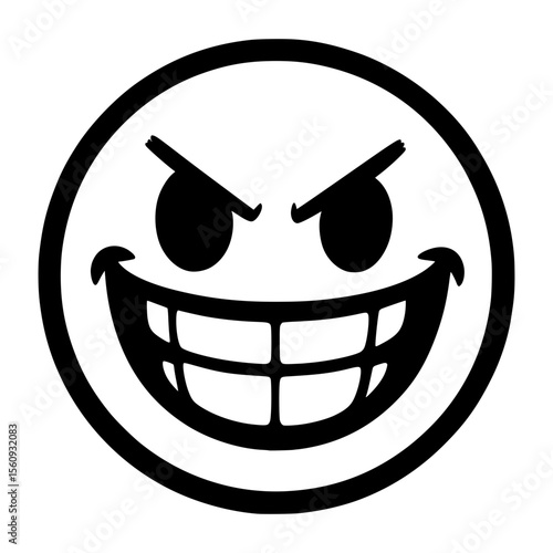 Isolated Evil Grinning Black and White Emoji Illustration
