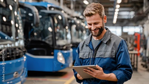Mechanic works on buses in workshop while using tablet for diagnostics and maintenance updates
