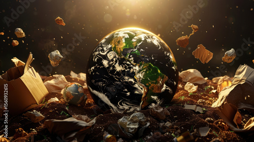 Earth globe surrounded by recyclable waste, showcasing environmental issues and pollution, illuminated by warm light, creating thought provoking